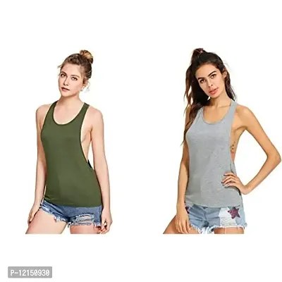 THE BLAZZE Women's Sleeveless Loose Fit Racerback Yoga Workout Tank Top (L, Army Green+Grey)-thumb0