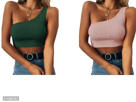 THE BLAZZE Women's Sleeveless Crop Tops Sexy Strappy Tees (L, Green+Pink)-thumb0