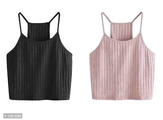 THE BLAZZE Women's Summer Basic Sexy Strappy Sleeveless Racerback Camisole Crop Top (Large, Black Pink)