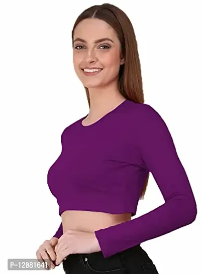 THE BLAZZE 1089 Women's Basic Sexy Solid Round Neck Slim Fit Full Sleeve Crop Top T-Shirt for Women's-thumb1