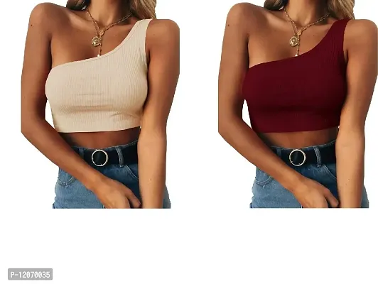 THE BLAZZE Women's Sleeveless Crop Tops Sexy Strappy Tees (M, Light Apricot+Wine Red)-thumb0