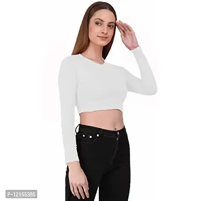 THE BLAZZE 1089 Women's Basic Sexy Solid Round Neck Slim Fit Full Sleeve Crop Top T-Shirt for Women (Small, White)-thumb3