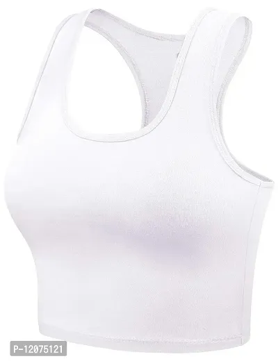 THE BLAZZE Women's Cotton Racerback Basic Crop Tank Tops (Large, White White)-thumb3