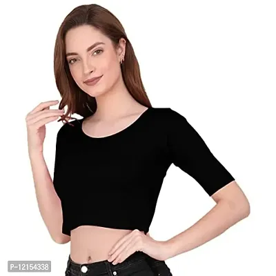 THE BLAZZE 1055 Women's Basic Sexy Solid Scoop Neck Slim Fit Short Sleeves Crop Tops (Small(30"-32"), A - Black)-thumb5