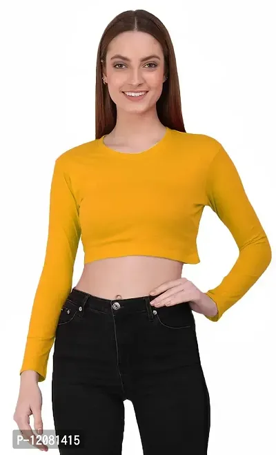 THE BLAZZE 1089 Women's Basic Sexy Solid Round Neck Slim Fit Full Sleeve Crop Top T-Shirt for Women's-thumb3