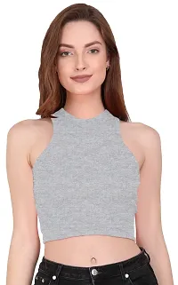 THE BLAZZE 1025 Women's Basic Sexy Solid Slim Fit Sleeveless Crop Top T-Shirt for Women (Medium, Grey)-thumb3