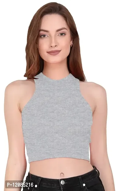 THE BLAZZE 1025 Women's Basic Sexy Solid Slim Fit Sleeveless Crop Top T-Shirt for Women (Medium, Grey)-thumb4