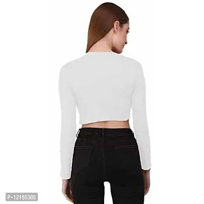 THE BLAZZE 1089 Women's Basic Sexy Solid Round Neck Slim Fit Full Sleeve Crop Top T-Shirt for Women (Small, White)-thumb5