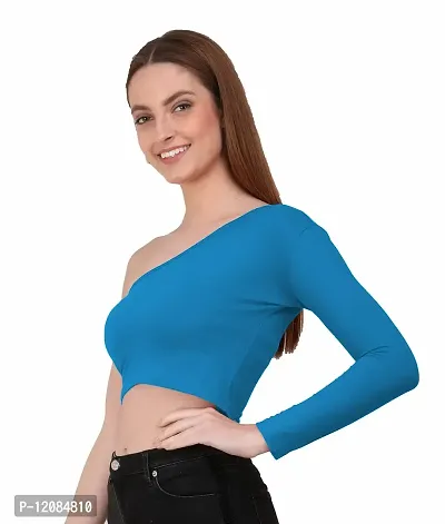 THE BLAZZE 1289 Women's Cotton One Shoulder Full Sleeve Crop Tops (Medium, Turquoise Blue)