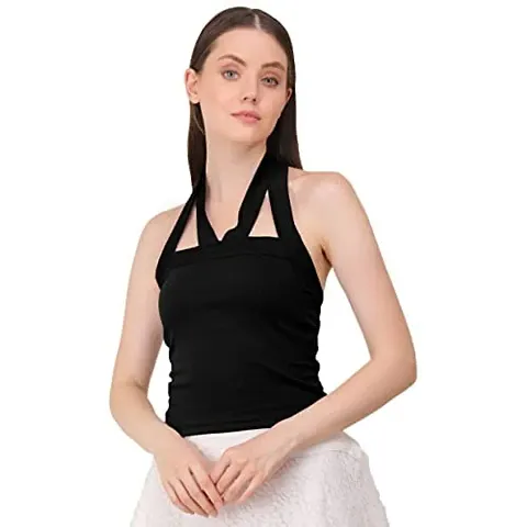 AD2CART A1719 Women's Basic Solid V Halter Neck Crop Top for Women Stylish Western(XL,Black)