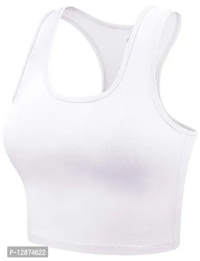 THE BLAZZE Women's Cotton Racerback Basic Crop Tank Tops (Medium, White White)-thumb3