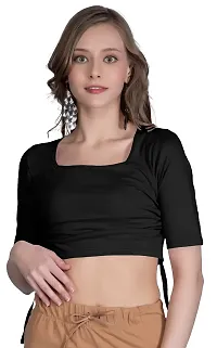 THE BLAZZE B4051 Women's Cotton Square Neck Short Half Sleeves Drawstring Crop Tops Black Readymade Saree Blouse for Women(XS,Black)-thumb2