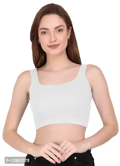 THE BLAZZE 1044 Women's Cotton Basics Sexy Solid Square Neck Slim Sleeveless Saree Readymade Saree Bra Blouse Crop Top T-Shirt for Women (Medium, White)-thumb0