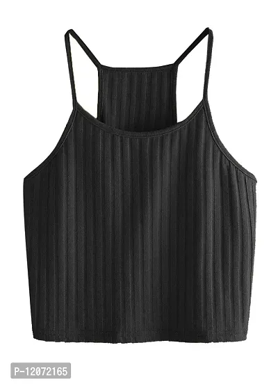 THE BLAZZE Women's Summer Basic Sexy Strappy Sleeveless Racerback Camisole Crop Top (Large, Black Light Apricot)-thumb3