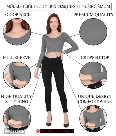 THE BLAZZE 1059 Women's Basic Sexy Solid Scoop Neck Slim Fit Full Sleeve Crop Top T-Shirt for Women (XS, A - Black)-thumb5