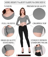 THE BLAZZE 1109 Women's Cotton Basic Sexy Solid V Neck Slim Fit Full Sleeve Saree Readymade Saree Blouse Crop Top T-Shirt for Women-thumb2