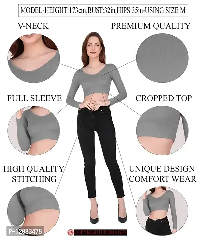 THE BLAZZE 1109 Women's Cotton Basic Sexy Solid V Neck Slim Fit Full Sleeve Saree Readymade Saree Blouse Crop Top T-Shirt for Women-thumb3