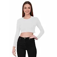 THE BLAZZE 1089 Women's Basic Sexy Solid Round Neck Slim Fit Full Sleeve Crop Top T-Shirt for Women (Small, White)-thumb1