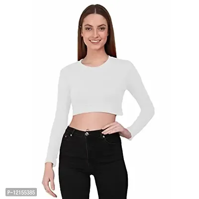 THE BLAZZE 1089 Women's Basic Sexy Solid Round Neck Slim Fit Full Sleeve Crop Top T-Shirt for Women (Small, White)-thumb2