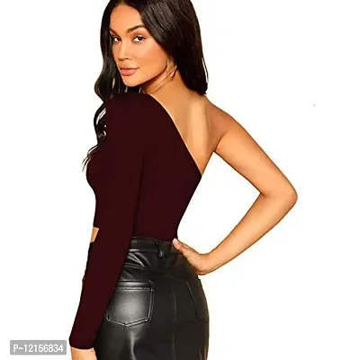 THE BLAZZE 1289 Women's Cotton One Shoulder Full Sleeve Crop Tops (Large, Maroon)-thumb0