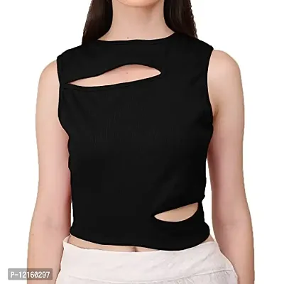 AD2CART A1677 Women's Solid Crew Neck Stretchy Cut Out Ribbed Crop Top(XL, Color_01)-thumb5