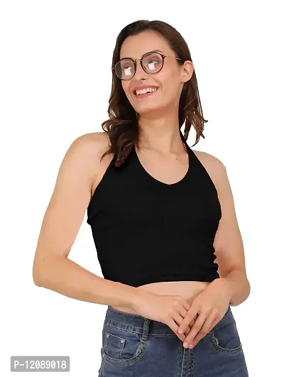 AD2CART A1592 Women's Casual Stretchy V Halter Neck Sleeveless Crop Tops for Women-thumb3