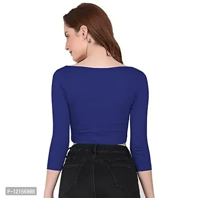 THE BLAZZE 1057 Womens Basic Sexy Solid Scoop Neck Slim Fit 3/4 Sleeve Crop Top (Large(34?-36""), J - Royal Blue)-thumb2