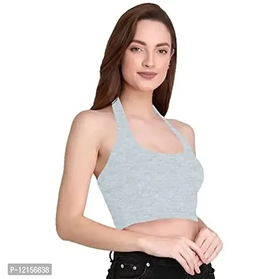 THE BLAZZE 1294 Women's Basic Sexy Solid Halter Neck Slim Fit Sleeveless Crop Top T-Shirt for Women (Large, Light Blue)-thumb5