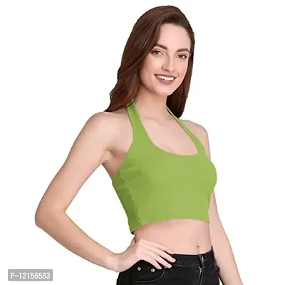 THE BLAZZE 1294 Women's Basic Sexy Solid Halter Neck Slim Fit Sleeveless Crop Top T-Shirt for Women (X-Large, Light Green)-thumb1