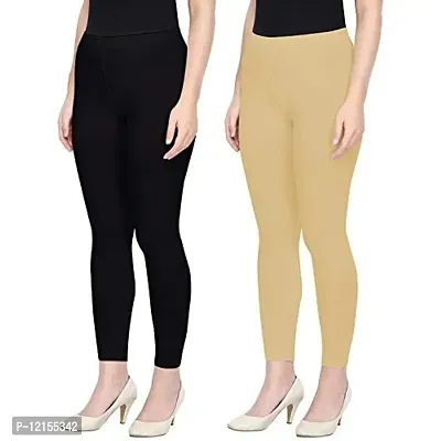 THE BLAZZE 1602 Women's Churidar Leggings Soft Cotton Lycra Fabric Slim Fit Combo Pack of 2 (Medium, Black,Beige)