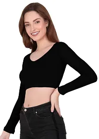 THE BLAZZE 1109 Women's Cotton Basic Sexy Solid V Neck Slim Fit Full Sleeve Saree Readymade Saree Blouse Crop Top T-Shirt for Women-thumb1