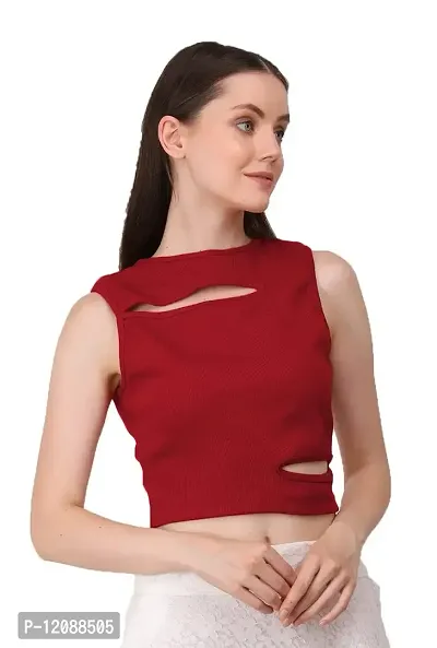 AD2CART A1677 Women's Solid Crew Neck Stretchy Cut Out Ribbed Crop Top-thumb3