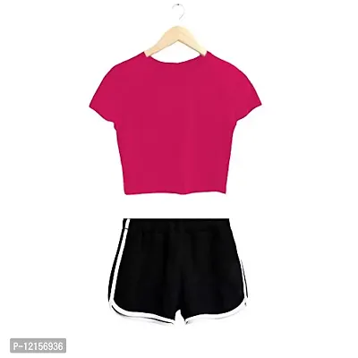 THE BLAZZE 1261 Women's Cotton Crop Top Shorts Set (XL, Dark Pink)