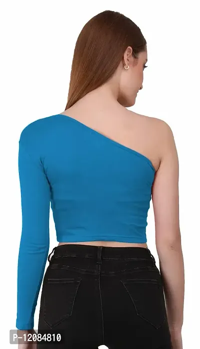 THE BLAZZE 1289 Women's Cotton One Shoulder Full Sleeve Crop Tops (Medium, Turquoise Blue)-thumb2