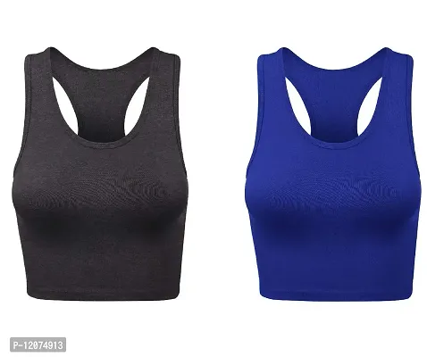 THE BLAZZE Women's Cotton Racerback Basic Crop Tank Tops (Medium, Charcoal Melange Royal Blue)