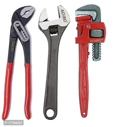 Kit Of 3 Tools Plumbing Kit (Contains 10 Inch Water Pump Plier, 10 Inch Pipe Wrench, 8 Inch Adjustable wrench) Multipurpose Tool Kit Set for All Jobs, Open End, Flexible end-thumb0