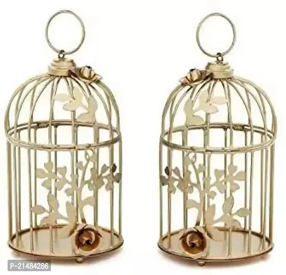 Bird Cage Tea Light Holder For Home Decor, Decoration Iron Tealight Holder (Gold, Pack Of 2)-thumb0