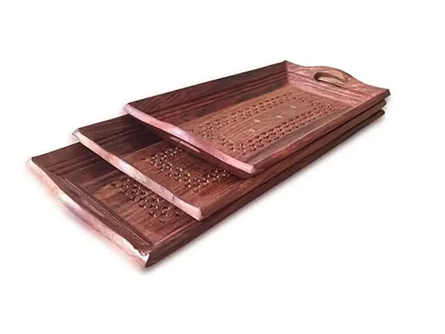 Wooden Handcrafted Coffee, Tea And Snacks Serving Trays -Set Of 3