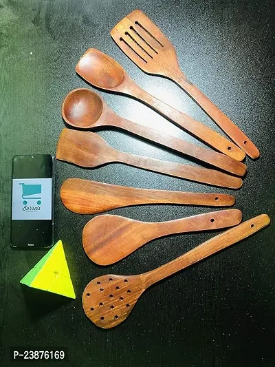 Simran Handicrafts Handmade Wooden Non Stick Cooking and Serving Set of 7 | 2 Frying, 1 Serving, 1 Spatula, 1 Chapati Spoon, 1 Desert, 1 Rice-thumb0