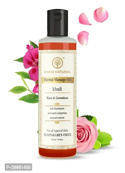 Khadi Natural Ayurvedic Rose Geranium Massage Oil 210ml|Calm senses|Anti-inflammatory properties| Treats minor skin irritation|Paraben and Mineral Oil Free|Suitable for All Skin Types (Pack 1, 210ML)-thumb0