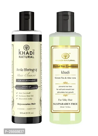 Khadi Natural Amla  Bhringraj Shampoo/Cleanser for Controlling Dandruff  Hair fall And Green Tea Aloevera Conditioner 210 ML Pack of 2 (420 ML)