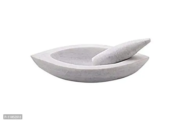 Salvus App SOLUTIONS Marble Handmade White Boat Shape Indian Mortar and Pestle Set, kharad, Masher for Kitchen-thumb3