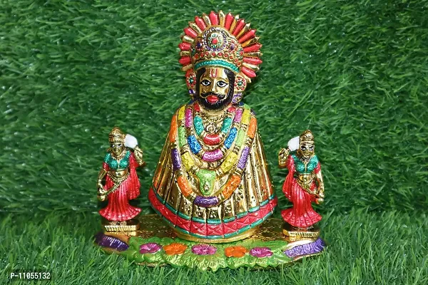 Salvus APP SOLUTIONS Handmade Multicolor Metal Lord Khatu Shyam Ji with 2 Devi riddhi siddhi Murti/Statue for Pooja, Home-Office Decor & Car Dashboard (6 Inch)