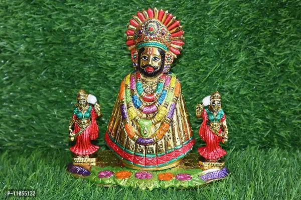 Salvus APP SOLUTIONS Handmade Multicolor Metal Lord Khatu Shyam Ji with 2 Devi riddhi siddhi Murti/Statue for Pooja, Home-Office Decor & Car Dashboard (6 Inch)-thumb0