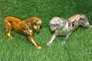 Salvus APP SOLUTIONS Golden & Silver Metal Antique Jaguar(Panther)/Tiger/Sher Figurine, Showpiece for Home, Office, Table Decor and Gift Item, Set of 2 (4x8inch)-thumb1