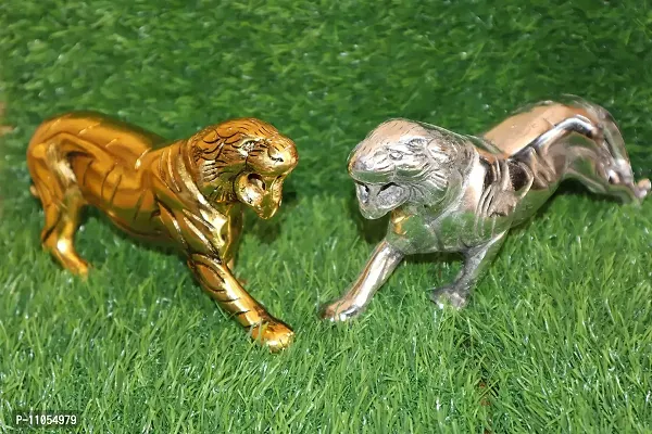 Salvus APP SOLUTIONS Golden & Silver Metal Antique Jaguar(Panther)/Tiger/Sher Figurine, Showpiece for Home, Office, Table Decor and Gift Item, Set of 2 (4x8inch)-thumb2