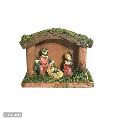 SK Craft Wooden Hut with Marble Mary Joseph Baby Jesus Lamb Nativity Set (Multicolour, 9x12x5 cm)-thumb0