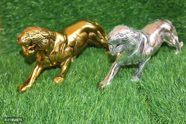 Salvus APP SOLUTIONS Golden & Silver Metal Antique Jaguar(Panther)/Tiger/Sher Figurine, Showpiece for Home, Office, Table Decor and Gift Item, Set of 2 (4x8inch)