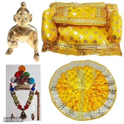 Salvus App SOLUTIONS Beautifully Handcrafted Yellow Color Laddu Gopal Shringaar Set- (Laddu Gopal Miniature, Poshak/Dress, Assan, Necklace, Earrings, Basuri, Stick & Mukut)