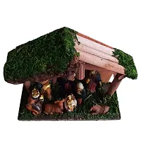 Vinayaks Christmas X-Mass Hand Crafted Wooden hut with Nativity Set- Crib Set- Kudil Set -Jesus Born Figurines Set- Big Size 15 X7 X20 cm-thumb1